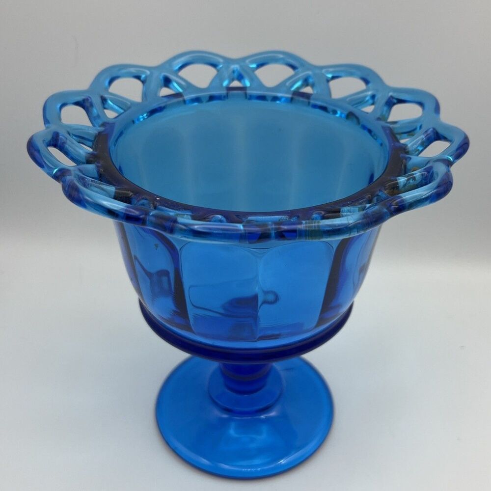 VNTG Blue Imperial Glass Compote Candy Dish Lace Edged 6.5x6 inches